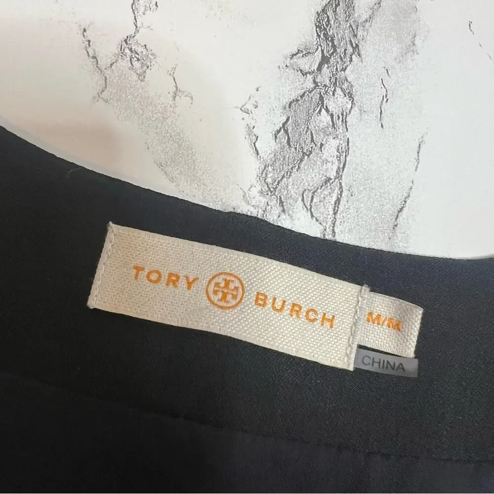 Tory Burch Cap Sleeve V-neck Ruffle Shift Dress Navy Blue Sz M
